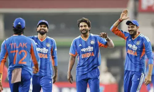 Team India celebrating their victory against West Indies in the 3rd T20I at Holkar Stadium in Indore