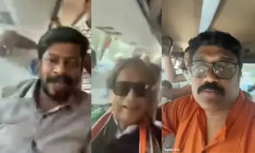 എ.എ. റഹീമിന്റെ ഫോണിൽ ലൈവിൽ വന്ന് ശശി തരൂരും ഒ.ജെ. ജനീഷും അബിൻ വർക്കിയും; ഒരേ ബസിൽ രാഷ്ട്രീയ ഭിന്നതകൾ മറന്ന് സി.പി.എം, കോൺഗ്രസ് നേതാക്കൾ