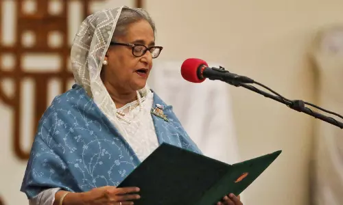 Former Bangladesh Prime Minister Sheikh Hasina during her interview with news agency PTI in New Delhi.