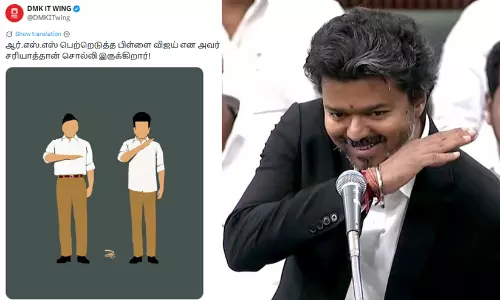 സംഘ്പരിവാറിന്റെ വളർത്തുപുത്രൻ; ആർഎസ്എസിന്റെ ധ്വജ് പ്രണാമുമായി വിജയ്‌യുടെ ആംഗ്യം താരതമ്യം ചെയ്ത് ഡിഎംകെ