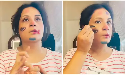 Bollywood actress Richa Chadha in a video frame demonstrating makeup hacks to avoid surveillance cameras during protests.