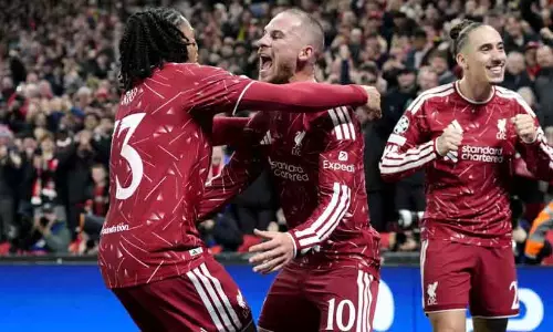 Liverpool players celebrating a goal at Anfield during their Champions League comeback win against Villarreal Liverpool players celebrating a goal at Anfield during their Champions League comeback win against Villarreal