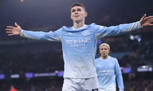 Manchester City midfielder Phil Foden celebrating his hat-trick against AEK Athens in the UEFA Champions League Manchester City midfielder Phil Foden celebrating his hat-trick against AEK Athens in the UEFA Champions League