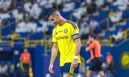 Cristiano Ronaldo reacting after missing a penalty kick during Al Nassrs Saudi Pro League match against Neom SC