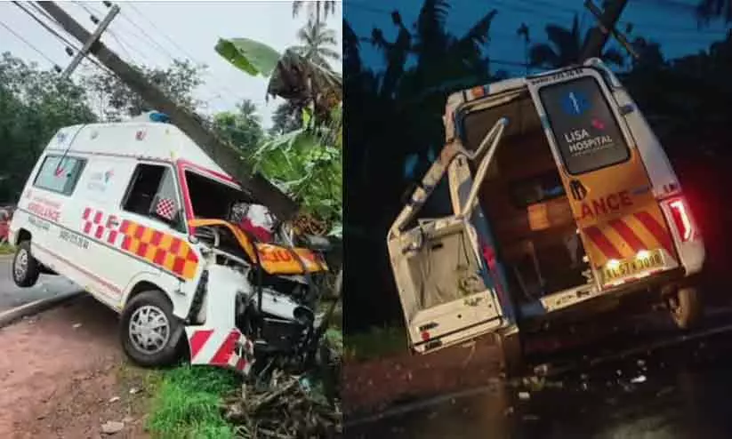 Damaged ambulance and motorcycle at the accident site in Thiruvambady, Kozhikode Damaged ambulance and motorcycle at the accident site in Thiruvambady, Kozhikode