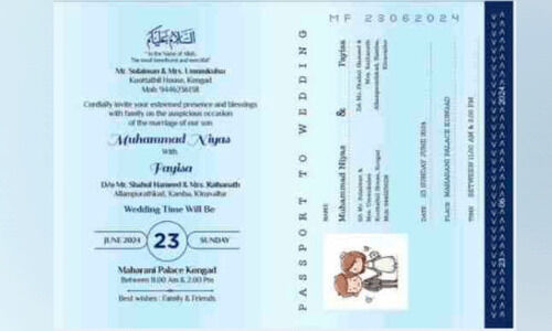 പാസ്പോർട്ട് മാതൃകയിൽ വിവാഹ ക്ഷണപത്രിക; ന്യൂജൻ ക്ഷണക്കത്തുകളും മാറുകയാണ് പാസ്പോർട്ട് മാതൃകയിൽ വിവാഹ ക്ഷണപത്രിക; ന്യൂജൻ ക്ഷണക്കത്തുകളും മാറുകയാണ്