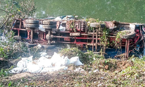 കോഴിത്തീറ്റയുമായി വന്ന ലോറി ആറ്റിലേക്ക് മറിഞ്ഞു കോഴിത്തീറ്റയുമായി വന്ന ലോറി ആറ്റിലേക്ക് മറിഞ്ഞു