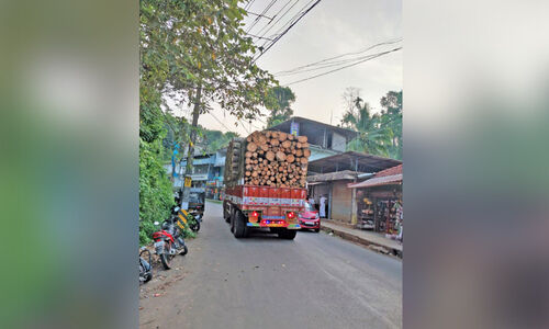 അമിത ലോഡുമായി ലോറികളും റോഡിൽ താഴ്ന്നു കിടക്കുന്ന വൈ​ദ്യു​തി​ക​മ്പി​യും; അപകട ഭീതിയിൽ എ​ട്ടേ​നാ​ൽ ടൗ​ൺ