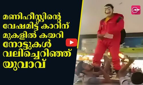 മണിഹീസ്റ്റിന്‍റെ വേഷമിട്ട് കാറിന് മുകളിൽ കയറി നോട്ടുകൾ വലിച്ചെറിഞ്ഞ് യുവാവ്; തമാശയെന്ന് വിശദീകരണം; പിടികൂടി പൊലീസ്