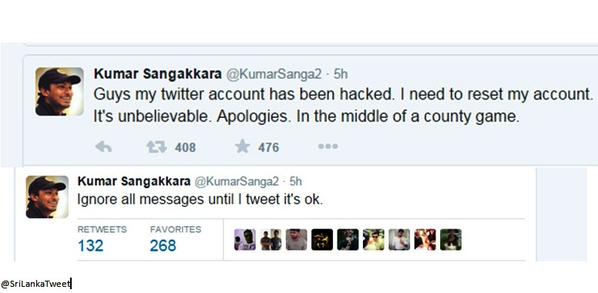 സംഗക്കാരയുടെ ട്വിറ്റര്‍ അക്കൗണ്ട് ഹാക്ക് ചെയ്തു