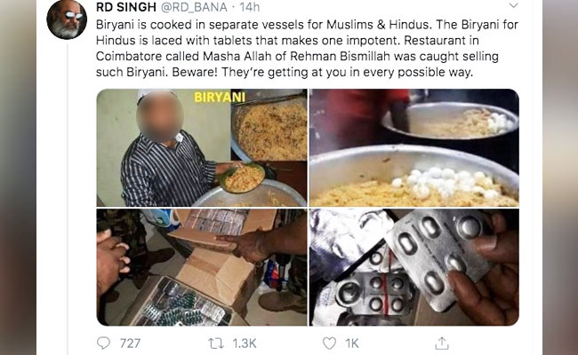 മുസ്​ലിംകൾ നടത്തുന്ന കടകളിലെ ബിരിയാണിയിൽ മയക്കുമരുന്നെന്ന്​ വിദ്വേഷ പോസ്​റ്റ്​