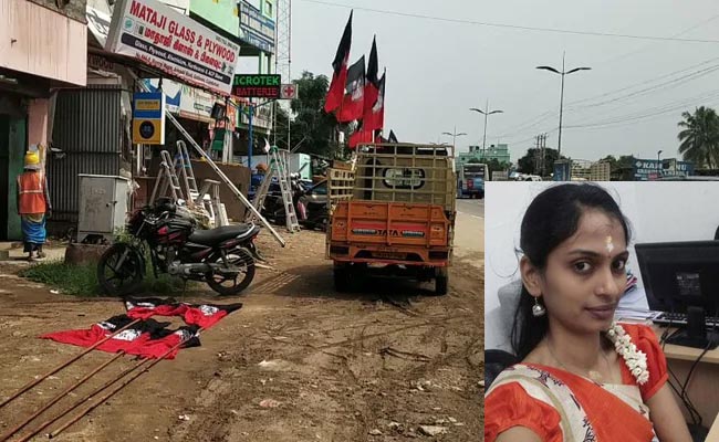 കൊടിമരം വീഴുന്നതിനിടെ രക്ഷപ്പെടാൻ ശ്രമിച്ച സ്​കൂട്ടർ യാത്രക്കാരി ട്രക്കിനടിയിൽപ്പെട്ടു