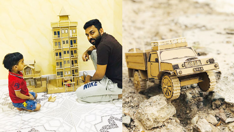 കാ​ർ​ഡ്​​ബോ​ർ​ഡ്​ പെ​ട്ടി​ക​ൾ​കൊ​ണ്ട്​ മു​നീ​ർ തീ​ർ​ത്ത​ത്​ ബ​ഹു​നി​ല കെ​ട്ടി​ടം