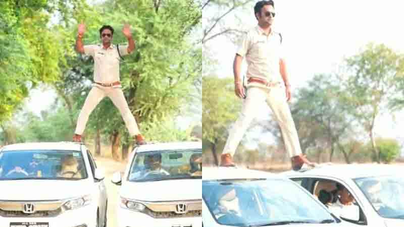 ഓടുന്ന കാറുകൾക്ക്​ മുകളിൽ ‘സിങ്കം’ കളിച്ച പൊലീസുകാരന്​ പിഴ -Video