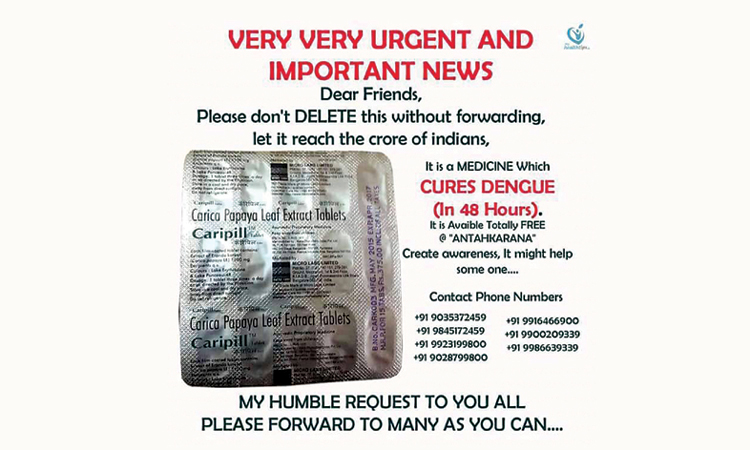 പപ്പായ ഇലച്ചാറിനു പിന്നാലെ ഗുളികയും; വ്യാജ സന്ദേശം വാട്​സ്​​ആപ്പിൽ പ്രചരിക്കുന്നു