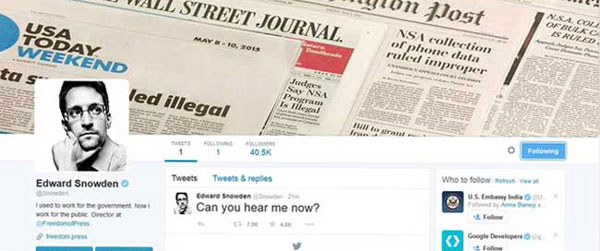 സ്നോഡന്‍ ട്വിറ്ററില്‍; ഫോളോ ചെയ്തത് അമേരിക്കന്‍ നാഷനല്‍ സക്യൂരിറ്റി ഏജന്‍സിയെ