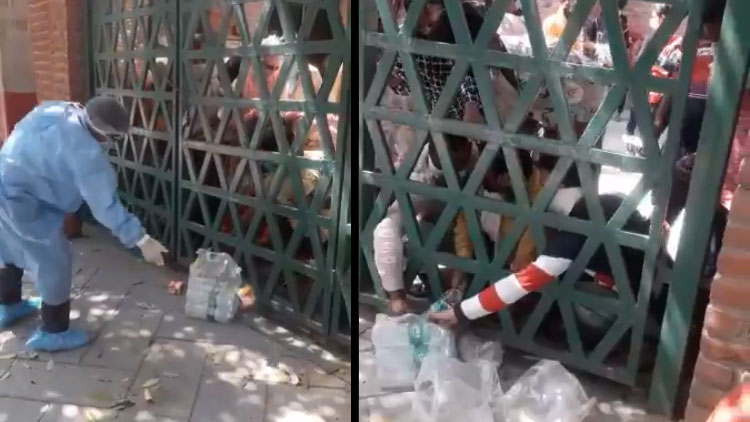 യു.പിയിൽ ക്വാറന്‍റീനിലുള്ളവർക്ക് ഭക്ഷണം എറിഞ്ഞ് കൊടുക്കുന്നു; ‘സാമൂഹിക അകലം’ മറന്ന്​ തിരക്ക്​ VIDEO